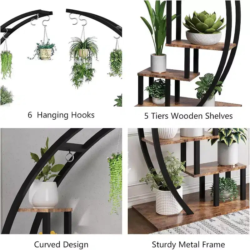 Acekool Fioriera Grande a 5 Ripiani, Scaffale Espositivo Semicircolare in Metallo e Legno con Ganci, Organizer Angolare per Interni ed Esterni, 142 cm