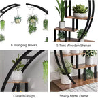 Acekool Fioriera Grande a 5 Ripiani, Scaffale Espositivo Semicircolare in Metallo e Legno con Ganci, Organizer Angolare per Interni ed Esterni, 142 cm