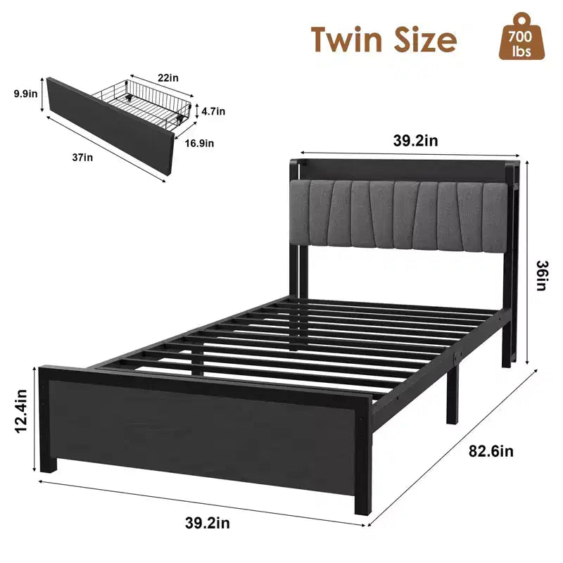 Struttura Letto con Testiera Funzionale con Contenitore, Letto Matrimoniale Industriale con 2 Grandi Cassetti, Struttura Letto Nera, Nessuna Rete a Molle Necessaria