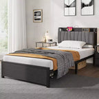 Struttura Letto con Testiera Funzionale con Contenitore, Letto Matrimoniale Industriale con 2 Grandi Cassetti, Struttura Letto Nera, Nessuna Rete a Molle Necessaria