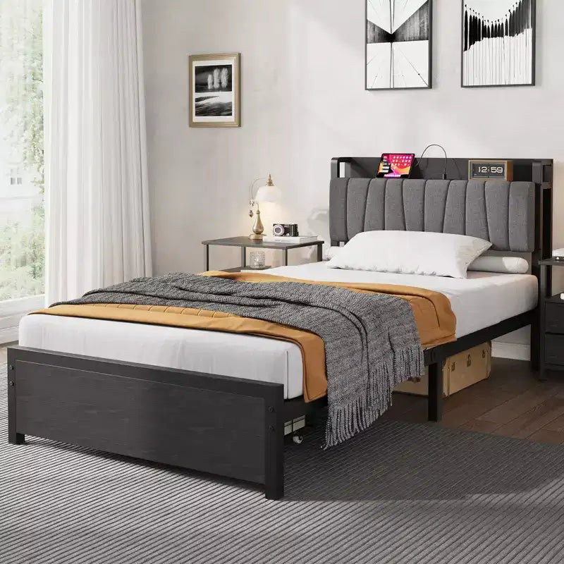 Struttura Letto con Testiera Funzionale con Contenitore, Letto Matrimoniale Industriale con 2 Grandi Cassetti, Struttura Letto Nera, Nessuna Rete a Molle Necessaria