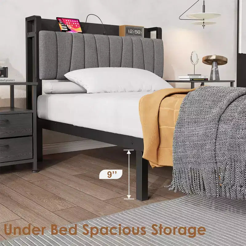 Struttura Letto con Testiera Funzionale con Contenitore, Letto Matrimoniale Industriale con 2 Grandi Cassetti, Struttura Letto Nera, Nessuna Rete a Molle Necessaria