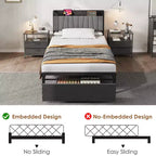 Struttura Letto con Testiera Funzionale con Contenitore, Letto Matrimoniale Industriale con 2 Grandi Cassetti, Struttura Letto Nera, Nessuna Rete a Molle Necessaria