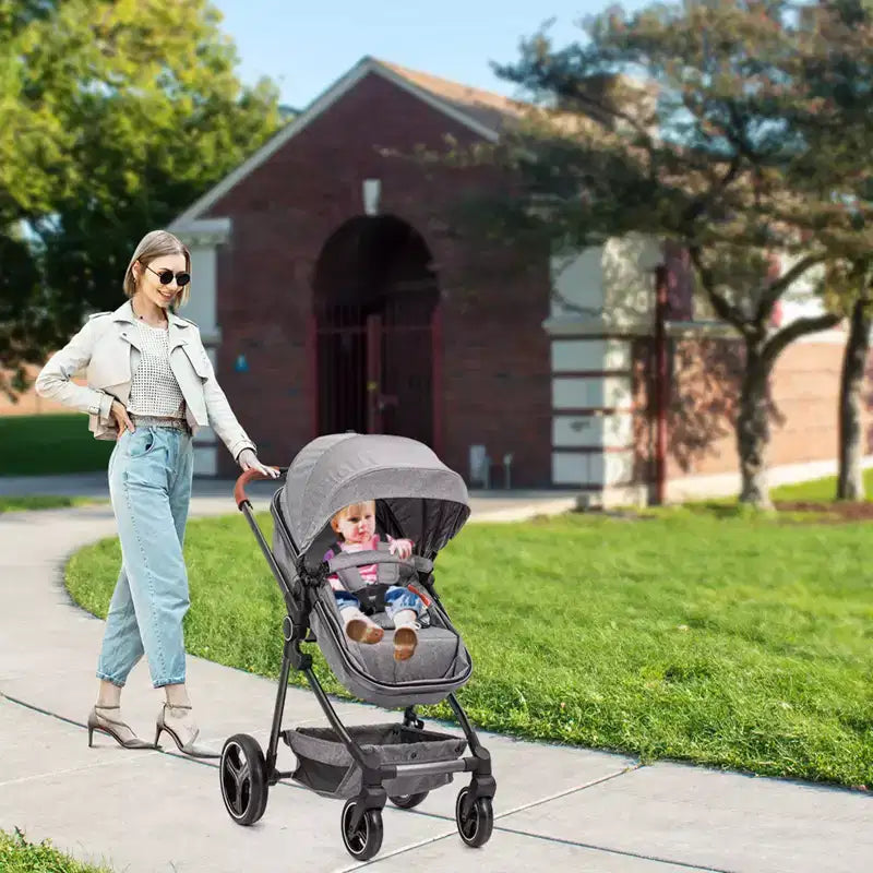 Convertible stroller, foldable stroller, 3-in-1 reversible stroller with adjustable backrest and canopy, windproof footmuffs, safety belt