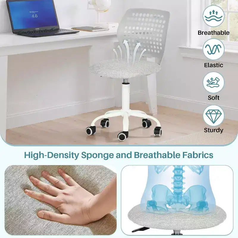 Sedia da scrivania FurnitureR senza braccioli con ruote, sedia girevole compatta regolabile in altezza per studio o computer con schienale traspirante, grigia