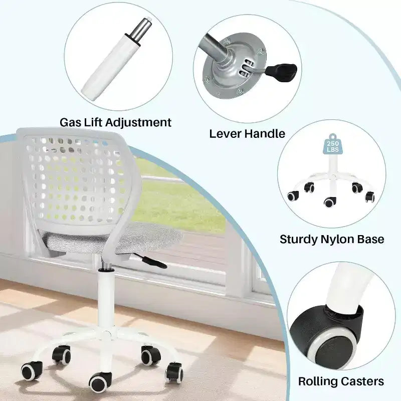 Sedia da scrivania FurnitureR senza braccioli con ruote, sedia girevole compatta regolabile in altezza per studio o computer con schienale traspirante, grigia