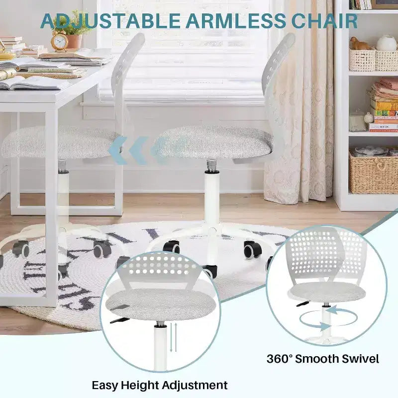 Sedia da scrivania FurnitureR senza braccioli con ruote, sedia girevole compatta regolabile in altezza per studio o computer con schienale traspirante, grigia