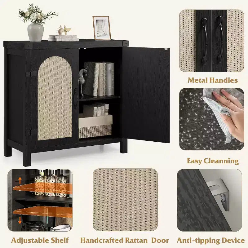 Credenza con funzionalità di contenimento, in stile fattoria bohémien con ripiani regolabili e maniglie, adatta per cucine