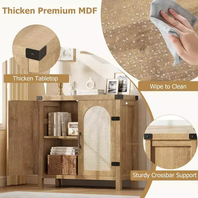 Credenza con funzionalità di contenimento, in stile fattoria bohémien con ripiani regolabili e maniglie, adatta per cucine