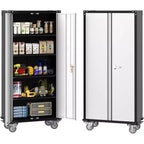Heavy-duty steel multi-purpose storage cabinet with 2 lockable doors and 4 adjustable shelves, ideal for organizing tools in garages, offices