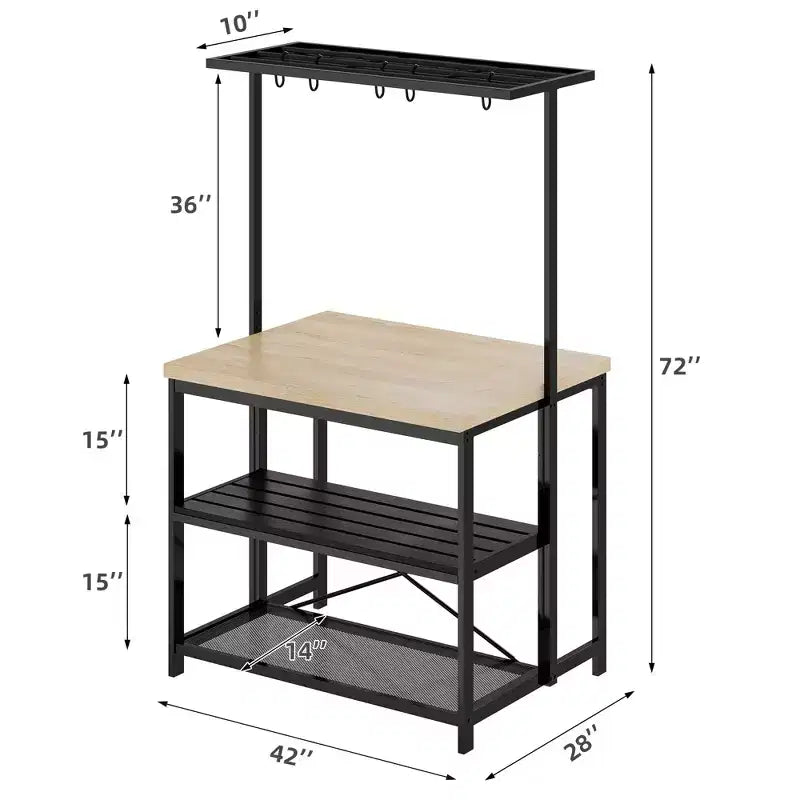 Isola da Cucina con Contenitore, Scaffale per Forno a Microonde con Presa Elettrica, Tavolo da Cucina, Ripiano a 3 Livelli per Forno a Microonde, Tavolo Grande da Bar per Caffè, Contenitore
