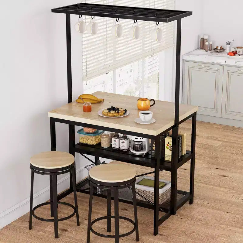 Isola da Cucina con Contenitore, Scaffale per Forno a Microonde con Presa Elettrica, Tavolo da Cucina, Ripiano a 3 Livelli per Forno a Microonde, Tavolo Grande da Bar per Caffè, Contenitore