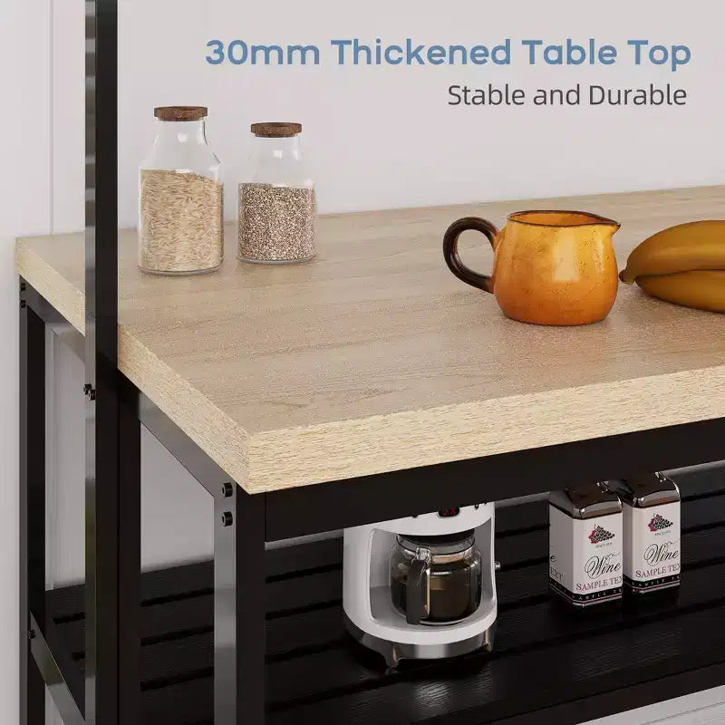 Isola da Cucina con Contenitore, Scaffale per Forno a Microonde con Presa Elettrica, Tavolo da Cucina, Ripiano a 3 Livelli per Forno a Microonde, Tavolo Grande da Bar per Caffè, Contenitore