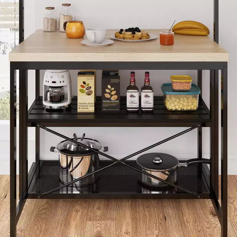 Isola da Cucina con Contenitore, Scaffale per Forno a Microonde con Presa Elettrica, Tavolo da Cucina, Ripiano a 3 Livelli per Forno a Microonde, Tavolo Grande da Bar per Caffè, Contenitore