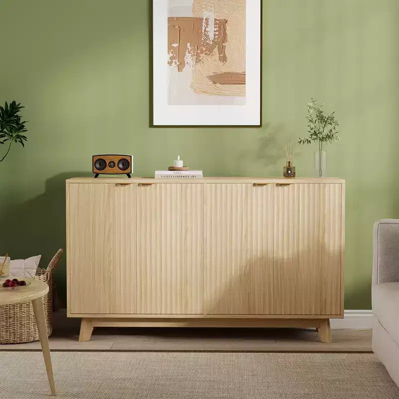 Modern Fluted Accent Credenza with Doors & Adjustable Shelves, Wood Coffee Bar Console Table for Living Room, Dining Room,