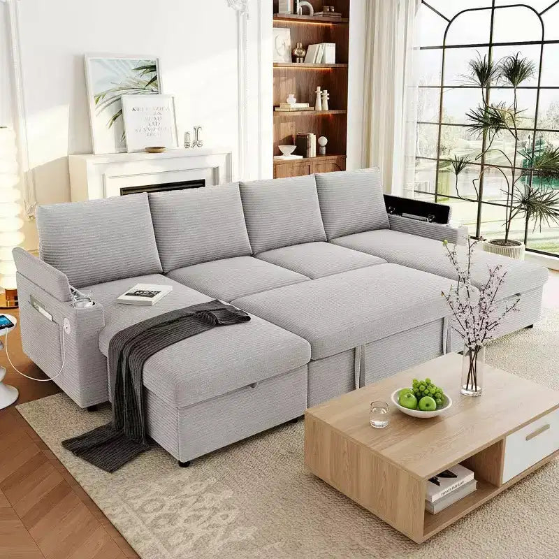 Divano Sezionale Convertibile a U Polibi con Chaise Longue Contenitore, Porte USB, Portabicchieri e Letto Estraibile