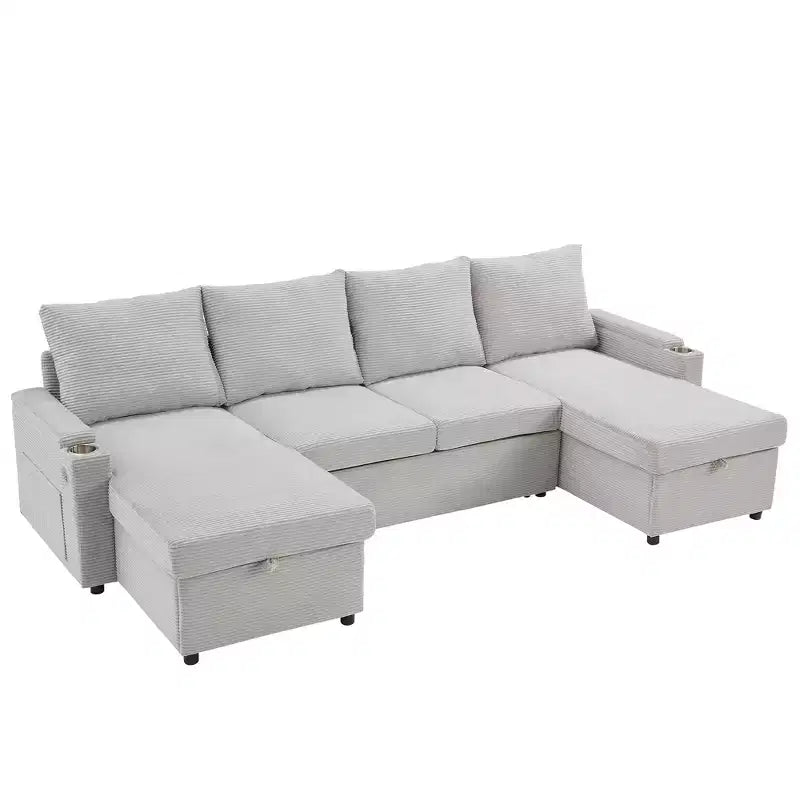Divano Sezionale Convertibile a U Polibi con Chaise Longue Contenitore, Porte USB, Portabicchieri e Letto Estraibile