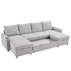Divano Sezionale Convertibile a U Polibi con Chaise Longue Contenitore, Porte USB, Portabicchieri e Letto Estraibile