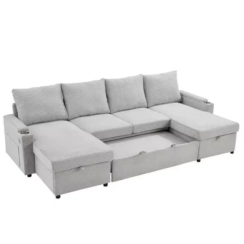 Divano Sezionale Convertibile a U Polibi con Chaise Longue Contenitore, Porte USB, Portabicchieri e Letto Estraibile