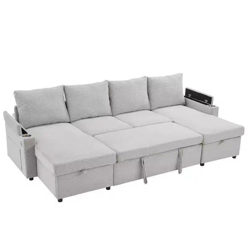 Divano Sezionale Convertibile a U Polibi con Chaise Longue Contenitore, Porte USB, Portabicchieri e Letto Estraibile