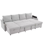 Divano Sezionale Convertibile a U Polibi con Chaise Longue Contenitore, Porte USB, Portabicchieri e Letto Estraibile