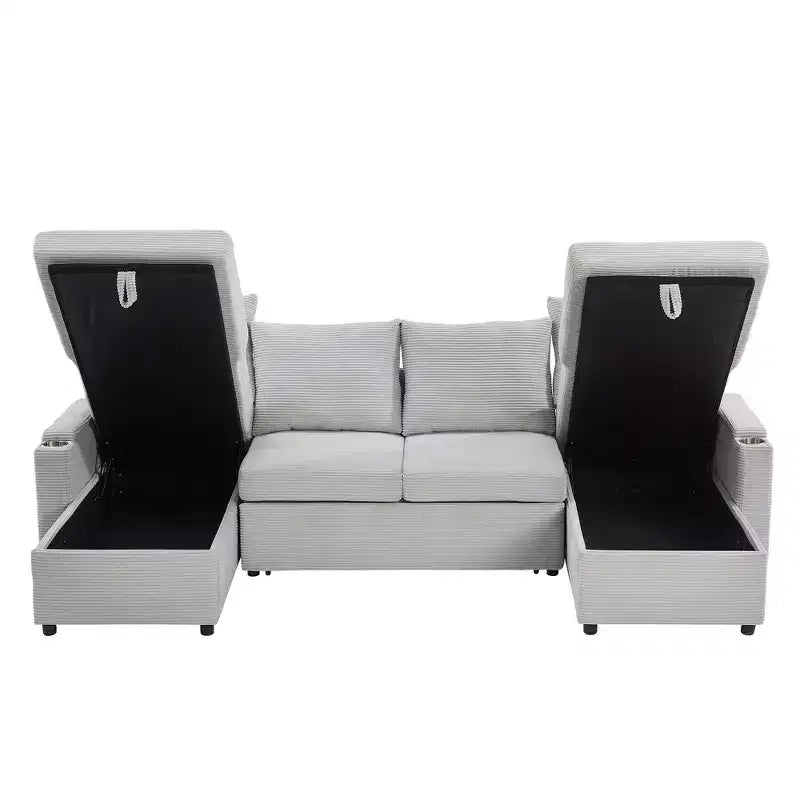 Divano Sezionale Convertibile a U Polibi con Chaise Longue Contenitore, Porte USB, Portabicchieri e Letto Estraibile