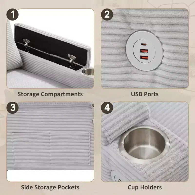Divano Sezionale Convertibile a U Polibi con Chaise Longue Contenitore, Porte USB, Portabicchieri e Letto Estraibile