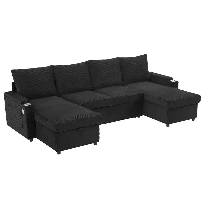 Divano Sezionale Convertibile a U Polibi con Chaise Longue Contenitore, Porte USB, Portabicchieri e Letto Estraibile