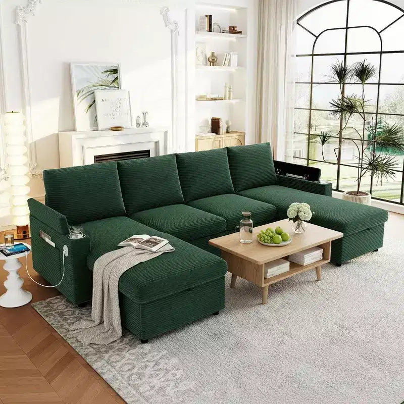 Divano Sezionale Convertibile a U Polibi con Chaise Longue Contenitore, Porte USB, Portabicchieri e Letto Estraibile