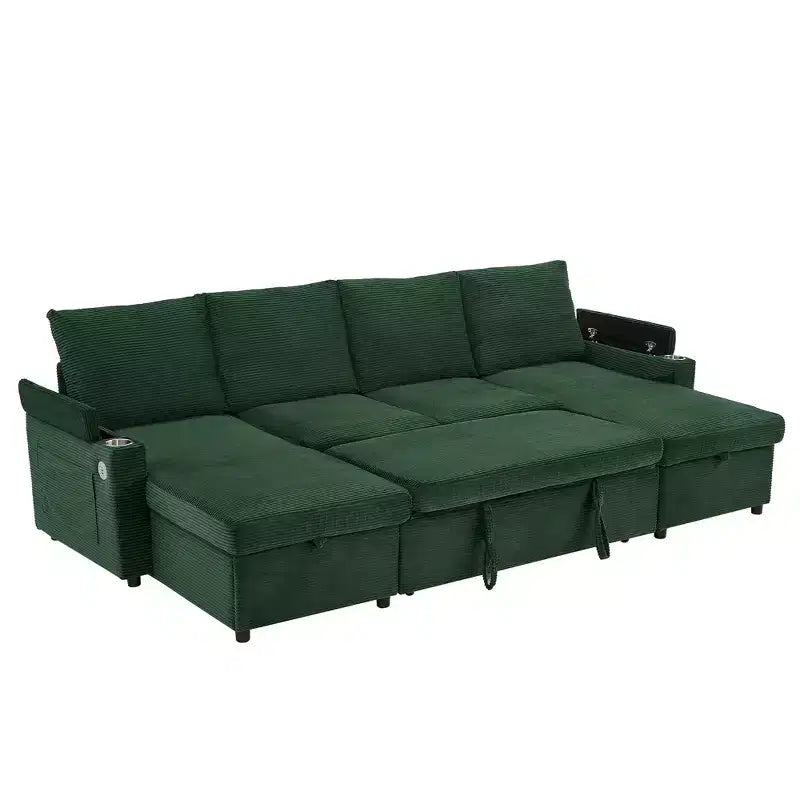 Divano Sezionale Convertibile a U Polibi con Chaise Longue Contenitore, Porte USB, Portabicchieri e Letto Estraibile