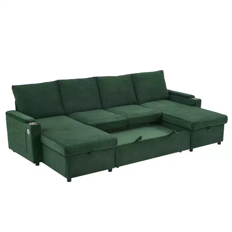 Divano Sezionale Convertibile a U Polibi con Chaise Longue Contenitore, Porte USB, Portabicchieri e Letto Estraibile