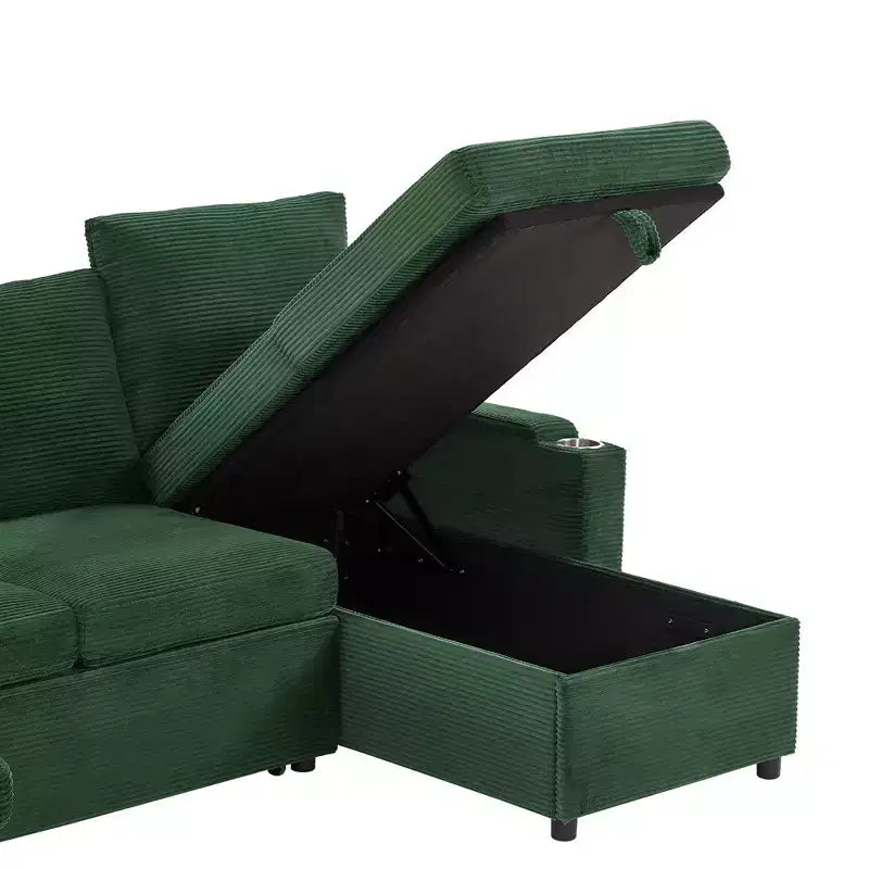 Divano Sezionale Convertibile a U Polibi con Chaise Longue Contenitore, Porte USB, Portabicchieri e Letto Estraibile