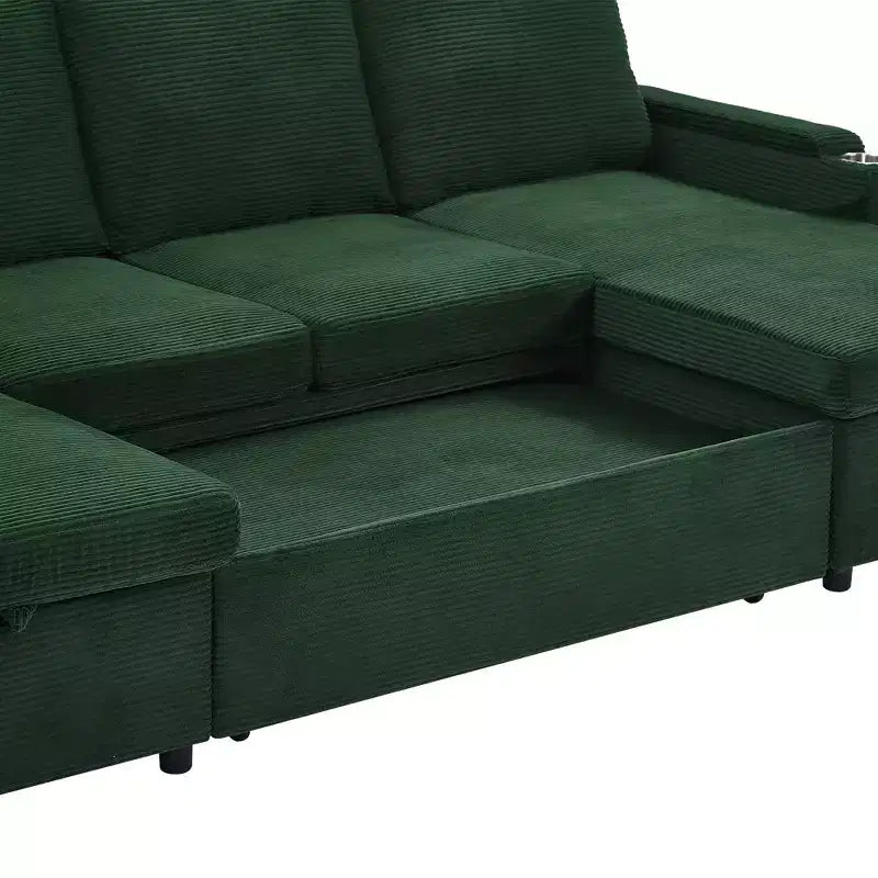 Divano Sezionale Convertibile a U Polibi con Chaise Longue Contenitore, Porte USB, Portabicchieri e Letto Estraibile