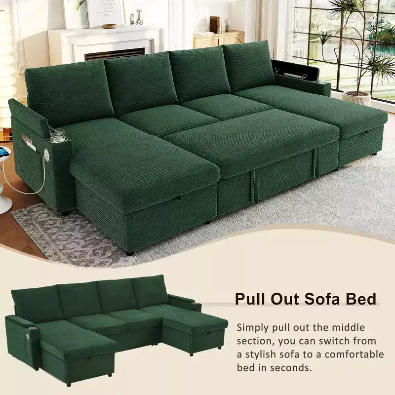 Divano Sezionale Convertibile a U Polibi con Chaise Longue Contenitore, Porte USB, Portabicchieri e Letto Estraibile