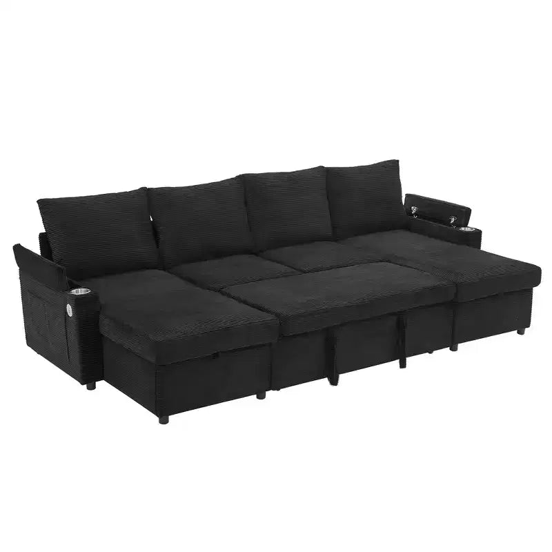 Divano Sezionale Convertibile a U Polibi con Chaise Longue Contenitore, Porte USB, Portabicchieri e Letto Estraibile