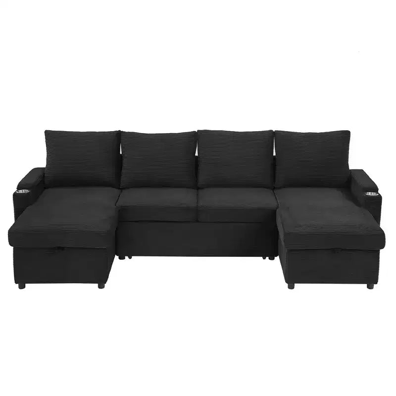 Divano Sezionale Convertibile a U Polibi con Chaise Longue Contenitore, Porte USB, Portabicchieri e Letto Estraibile