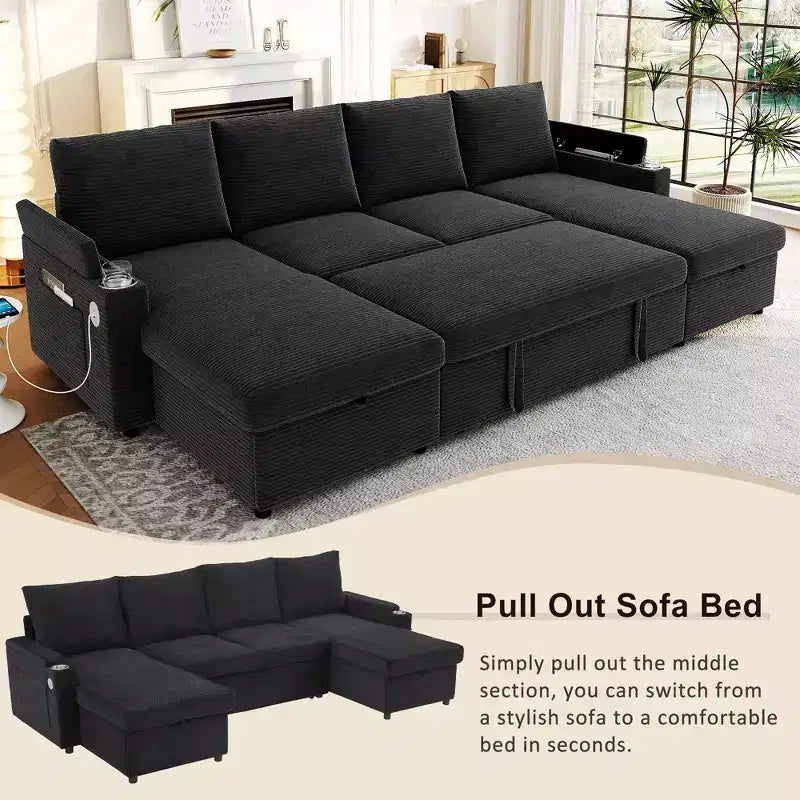 Divano Sezionale Convertibile a U Polibi con Chaise Longue Contenitore, Porte USB, Portabicchieri e Letto Estraibile