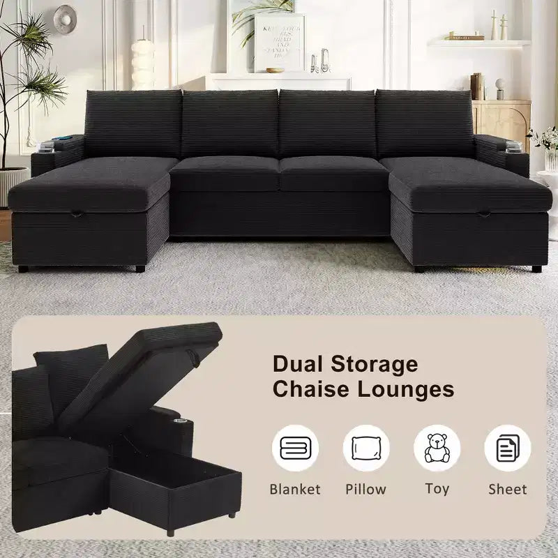 Divano Sezionale Convertibile a U Polibi con Chaise Longue Contenitore, Porte USB, Portabicchieri e Letto Estraibile