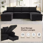 Divano Sezionale Convertibile a U Polibi con Chaise Longue Contenitore, Porte USB, Portabicchieri e Letto Estraibile