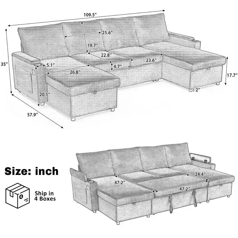 Divano Sezionale Convertibile a U Polibi con Chaise Longue Contenitore, Porte USB, Portabicchieri e Letto Estraibile
