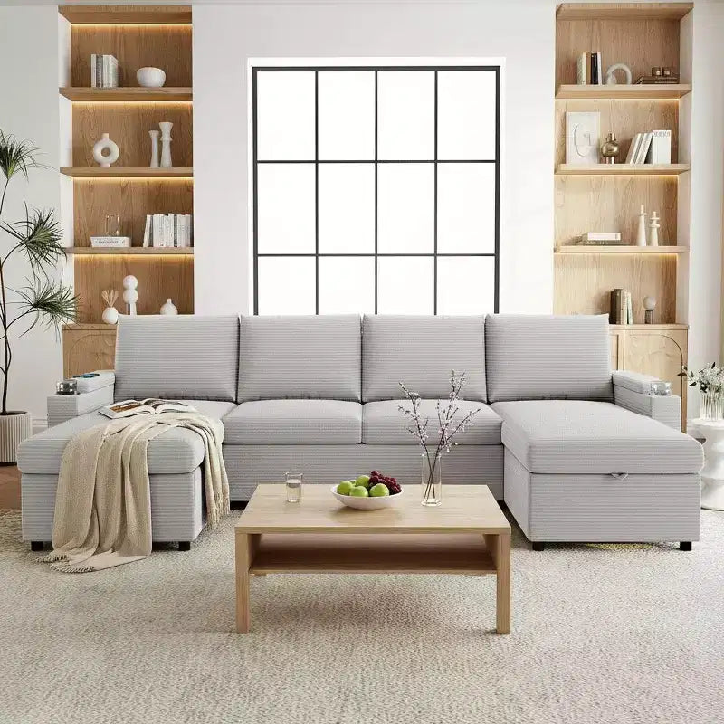 Divano Sezionale Convertibile a U Polibi con Chaise Longue Contenitore, Porte USB, Portabicchieri e Letto Estraibile
