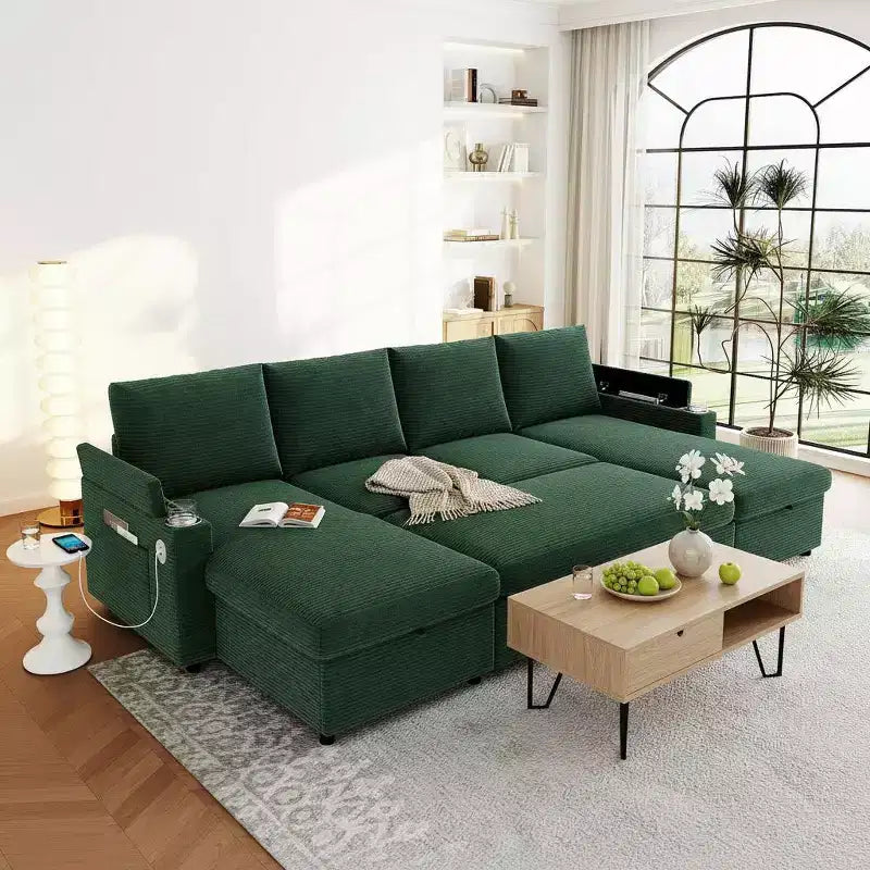 Divano Sezionale Convertibile a U Polibi con Chaise Longue Contenitore, Porte USB, Portabicchieri e Letto Estraibile