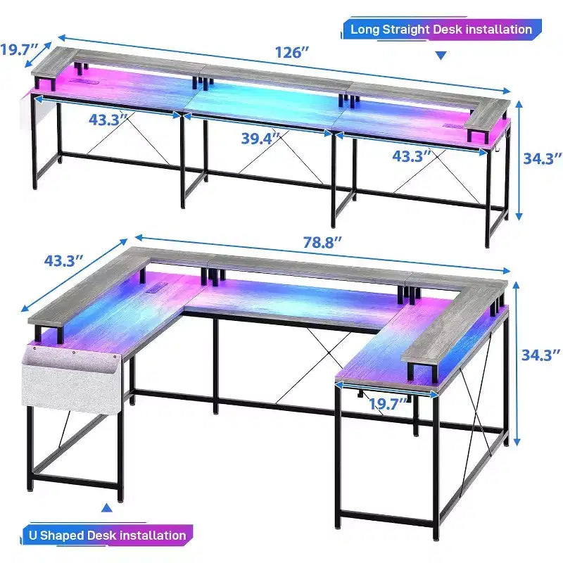 Scrivania da Gaming a U, con Luci a LED e Prese di Corrente, Scrivania ad Angolo con Ripiani Contenitori, per Ufficio Domestico