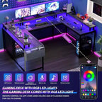 Scrivania da Gaming a U, con Luci a LED e Prese di Corrente, Scrivania ad Angolo con Ripiani Contenitori, per Ufficio Domestico