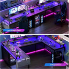 Scrivania da Gaming a U, con Luci a LED e Prese di Corrente, Scrivania ad Angolo con Ripiani Contenitori, per Ufficio Domestico