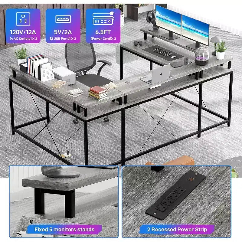 Scrivania da Gaming a U, con Luci a LED e Prese di Corrente, Scrivania ad Angolo con Ripiani Contenitori, per Ufficio Domestico