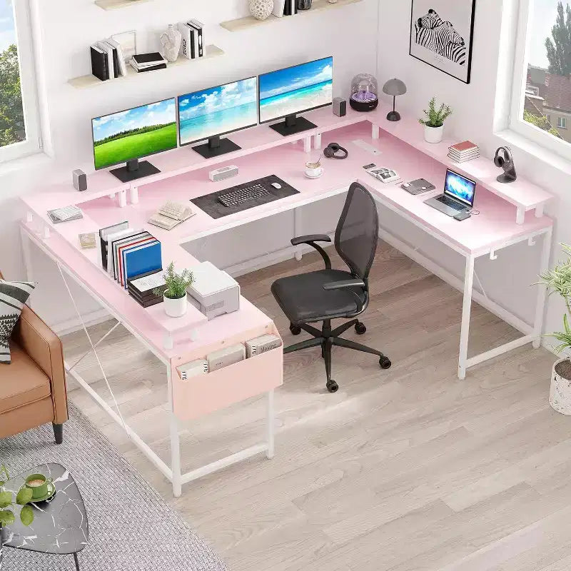 Scrivania da Gaming a U, con Luci a LED e Prese di Corrente, Scrivania ad Angolo con Ripiani Contenitori, per Ufficio Domestico