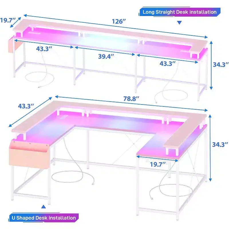 Scrivania da Gaming a U, con Luci a LED e Prese di Corrente, Scrivania ad Angolo con Ripiani Contenitori, per Ufficio Domestico