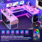 Scrivania da Gaming a U, con Luci a LED e Prese di Corrente, Scrivania ad Angolo con Ripiani Contenitori, per Ufficio Domestico