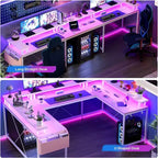 Scrivania da Gaming a U, con Luci a LED e Prese di Corrente, Scrivania ad Angolo con Ripiani Contenitori, per Ufficio Domestico